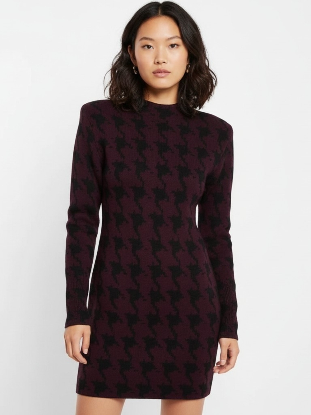 Women’s Long Sleeve Plum & Black Houndstooth Knit Dress